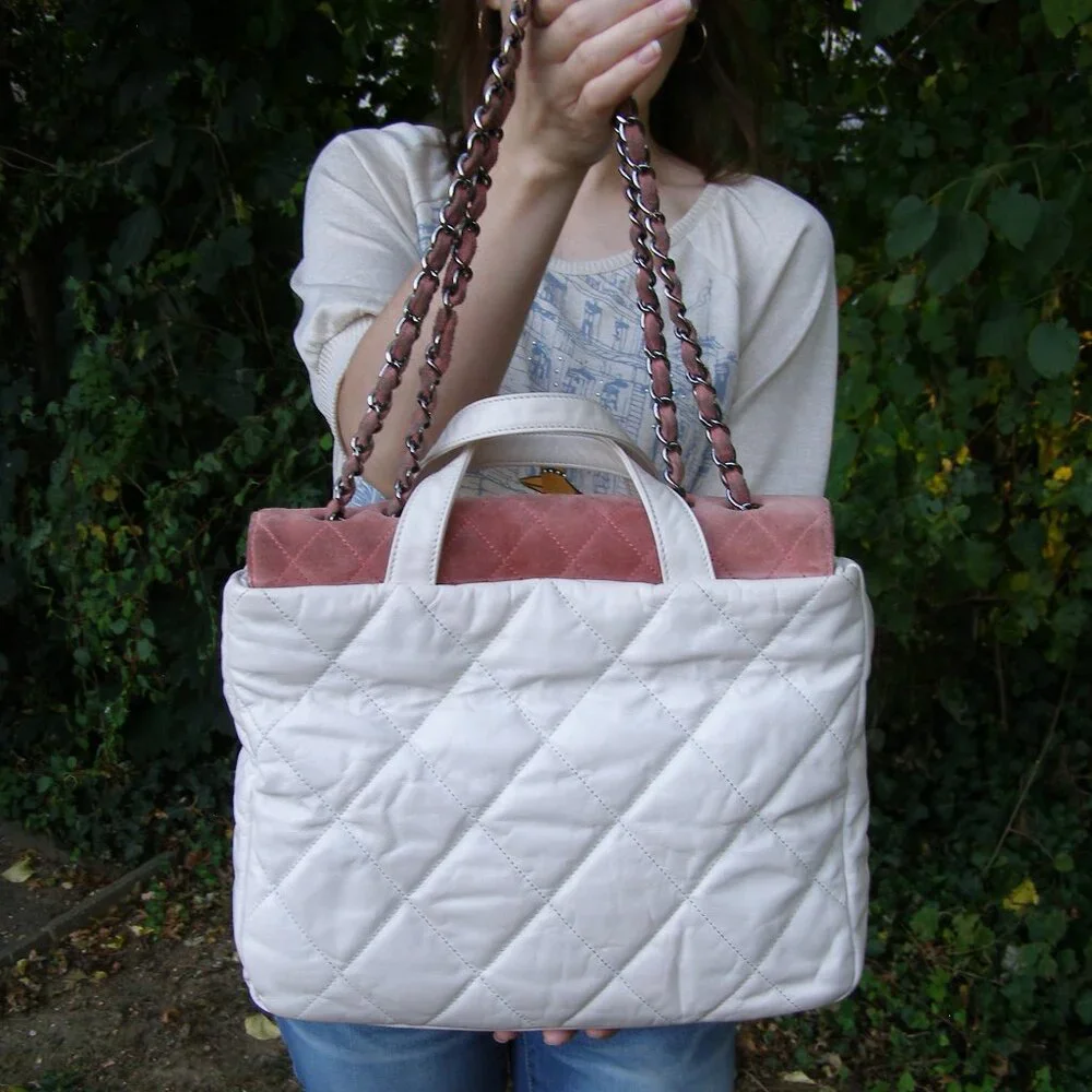 💖 CHANEL Portobello White Quilted Leather & Pink Suede Tote/Shoulder Bag